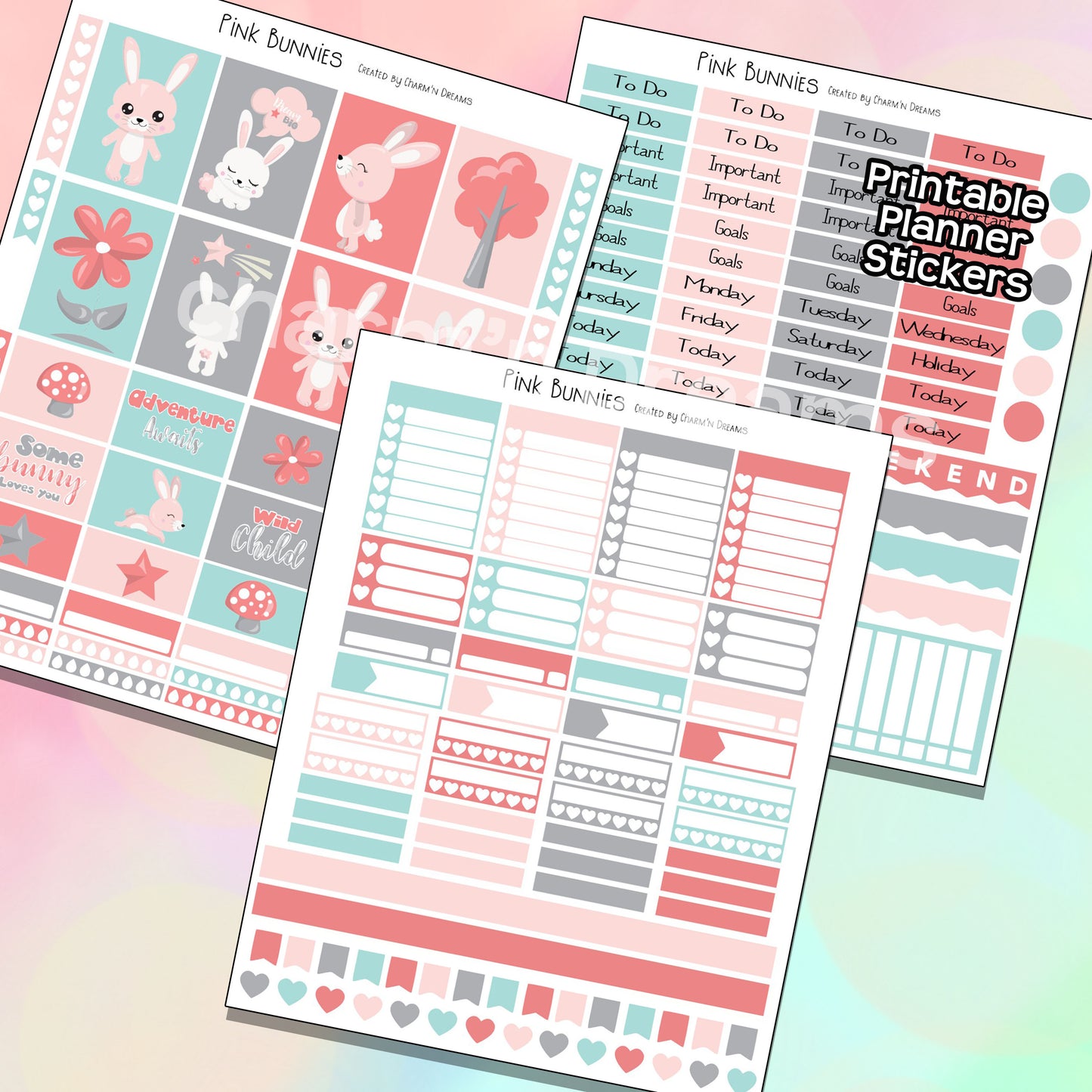 Pink Bunnies Planner Sticker Kit - Digital Download