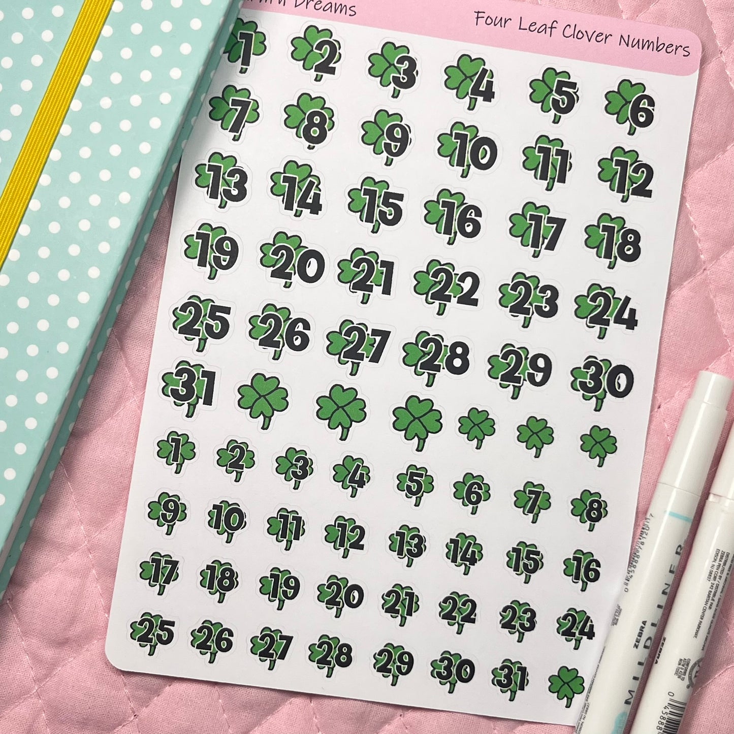 Four Leaf Clover Numbers Redating Planner Stickers
