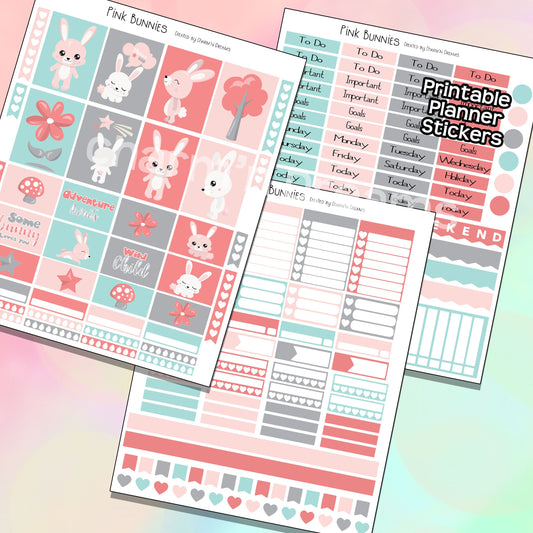 Pink Bunnies Planner Sticker Kit - Digital Download