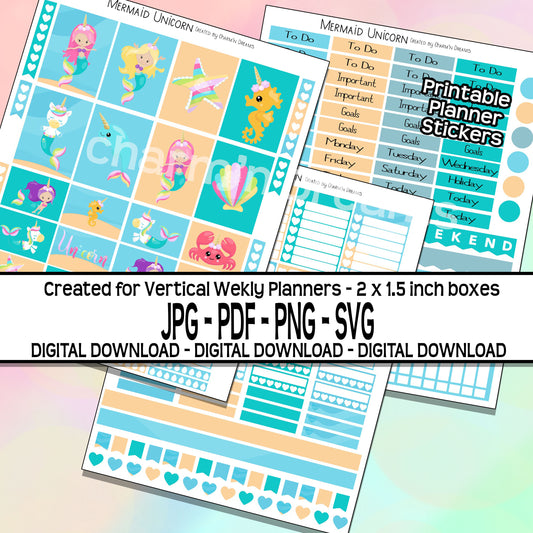 Mermaid Unicorn Planner Sticker Kit - Digital Download